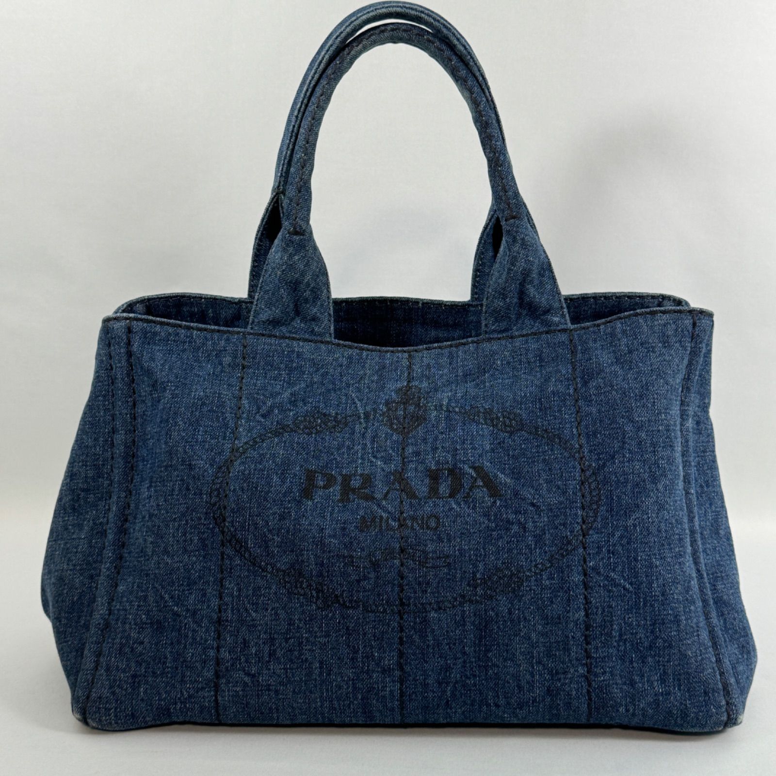 PRADA プラダ カナパMM トートバッグ ハンドバッグ デニム インディゴ ゴールド金具