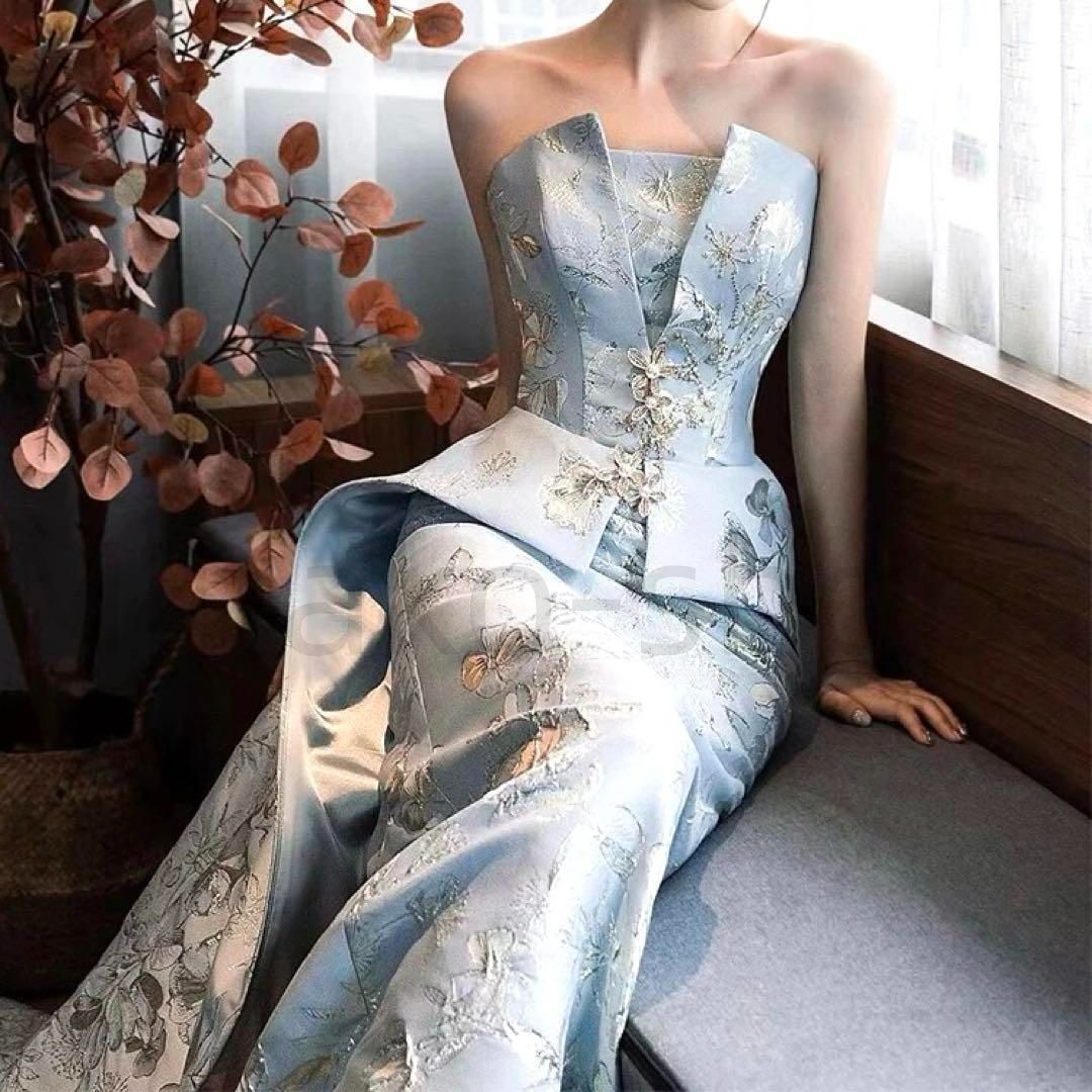 お花の生地にオシャレなデザインのベア イブニングドレス♩.• 新品・未使用】 レディースファッション 人気商品 お花の生地に