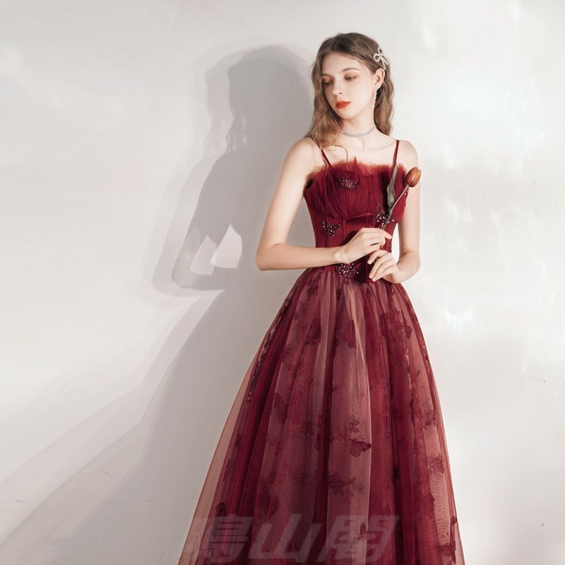 送料無料 2025夏 ワインレッドドレス レディース パーティー 結婚式 Aライン 感あり 敬酒服 お呼ばれWP今だけ 109