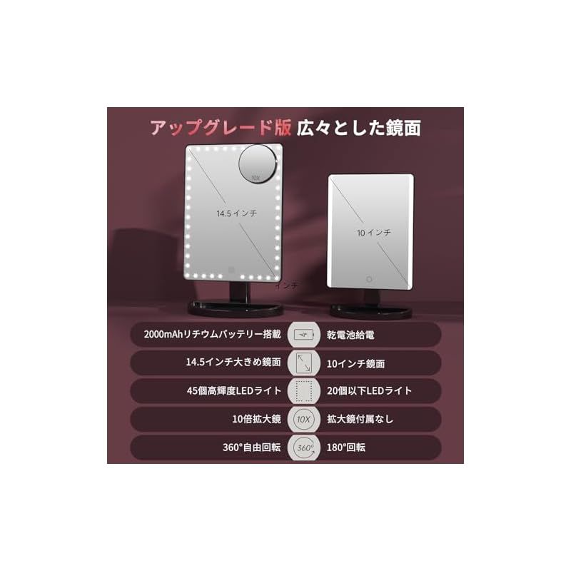 FASCINATE 女優ミラー ライト付き 鏡 充電式 【2000mAh 大容量