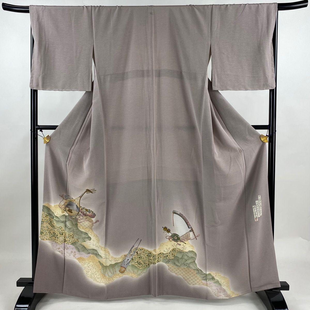 色留袖 身丈163cm 裄丈67cm M 袷 樽本伊勢蔵 落款 琵琶 波 金銀彩 ぼかし 灰紫 正絹 秀品 一つ紋