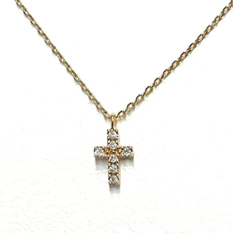 レディース【美品】4℃ K10PG ダイヤモンドネックレス クロス 十字架