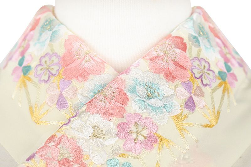 半衿 振袖 成人式 訪問着 刺繍 金糸 クリーム色 ピンク オレンジ 桜 麻の葉 牡丹 シルエリー 結婚式 日本製 ポリエステル 半襟 No.10-7006