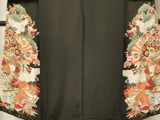 平和屋着物□アンティーク 大正ロマン 黒留袖 飛鶴扇面鼓花文
