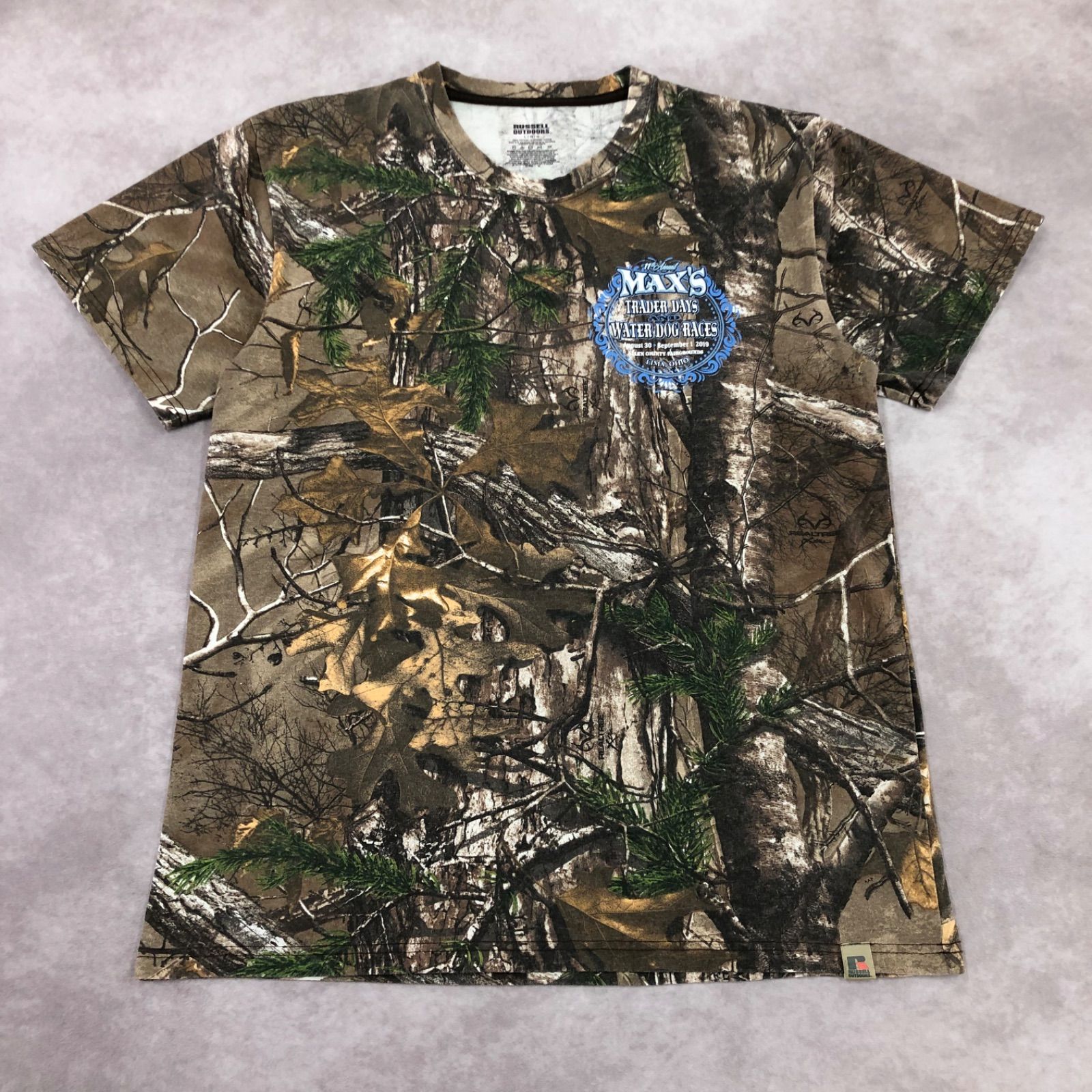 RUSSELL OUTDOORS ラッセルアウトドア Tシャツ 半袖 胸プリント バックプリント 水上ドッグラン リアルツリーカモ カモフラ柄 迷彩柄  総柄 ミリタリー 古着 USED Vintage ヴィンテージ