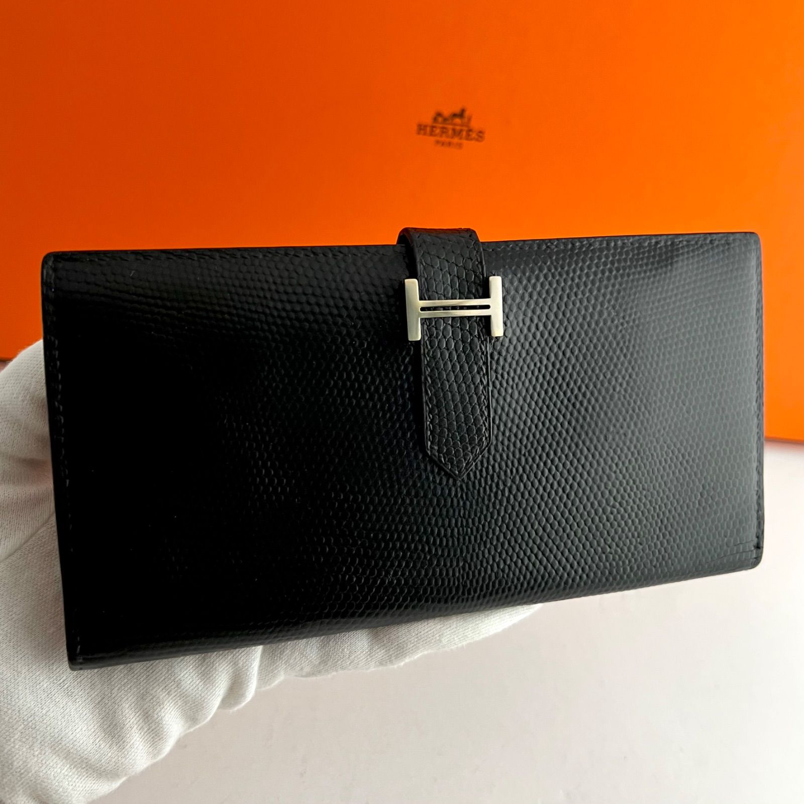 HERMES エルメス ベアン リザード 黒×オレンジ バイカラー