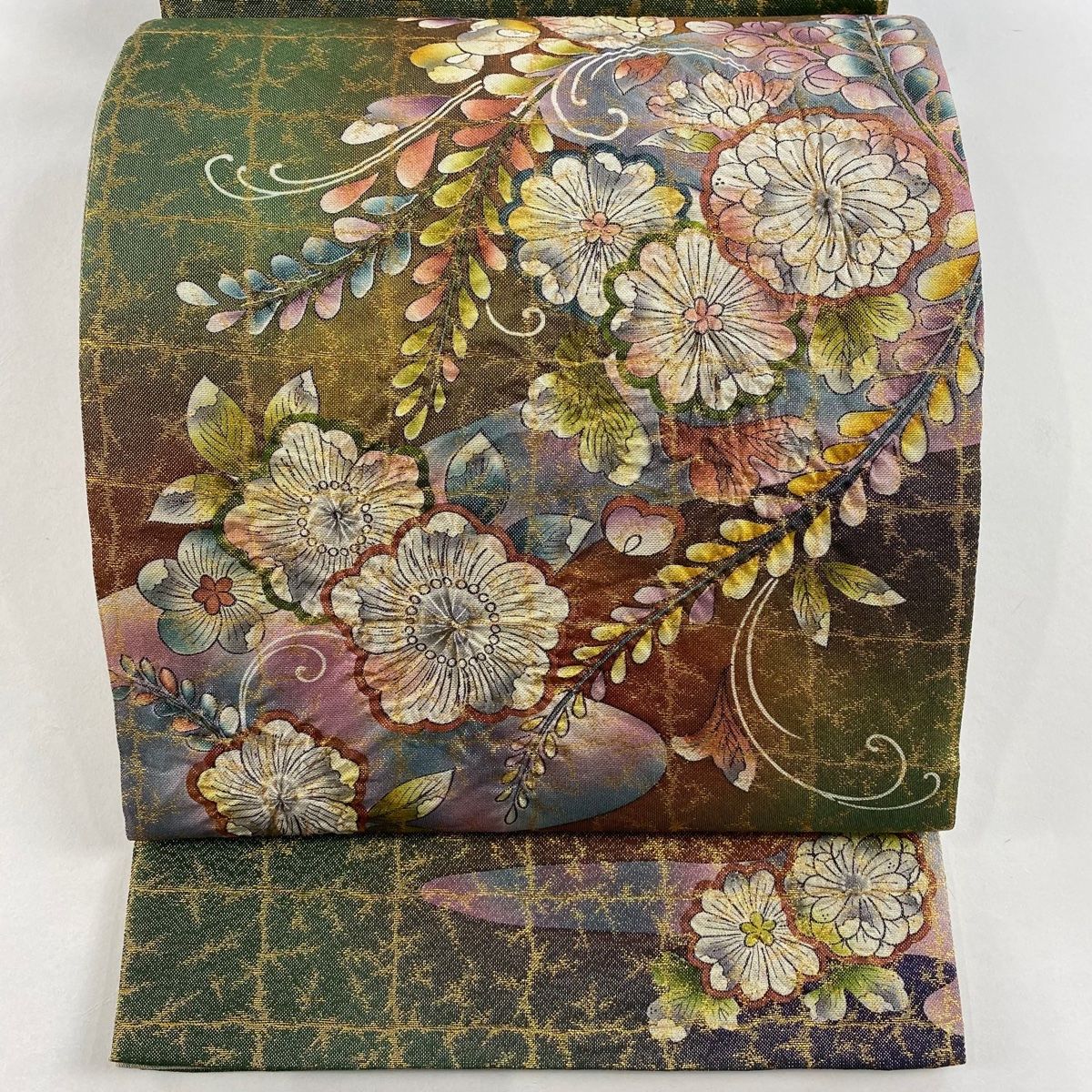 袋帯 名品 落款 辻ヶ花 格子 箔 緑 お太鼓柄 正絹