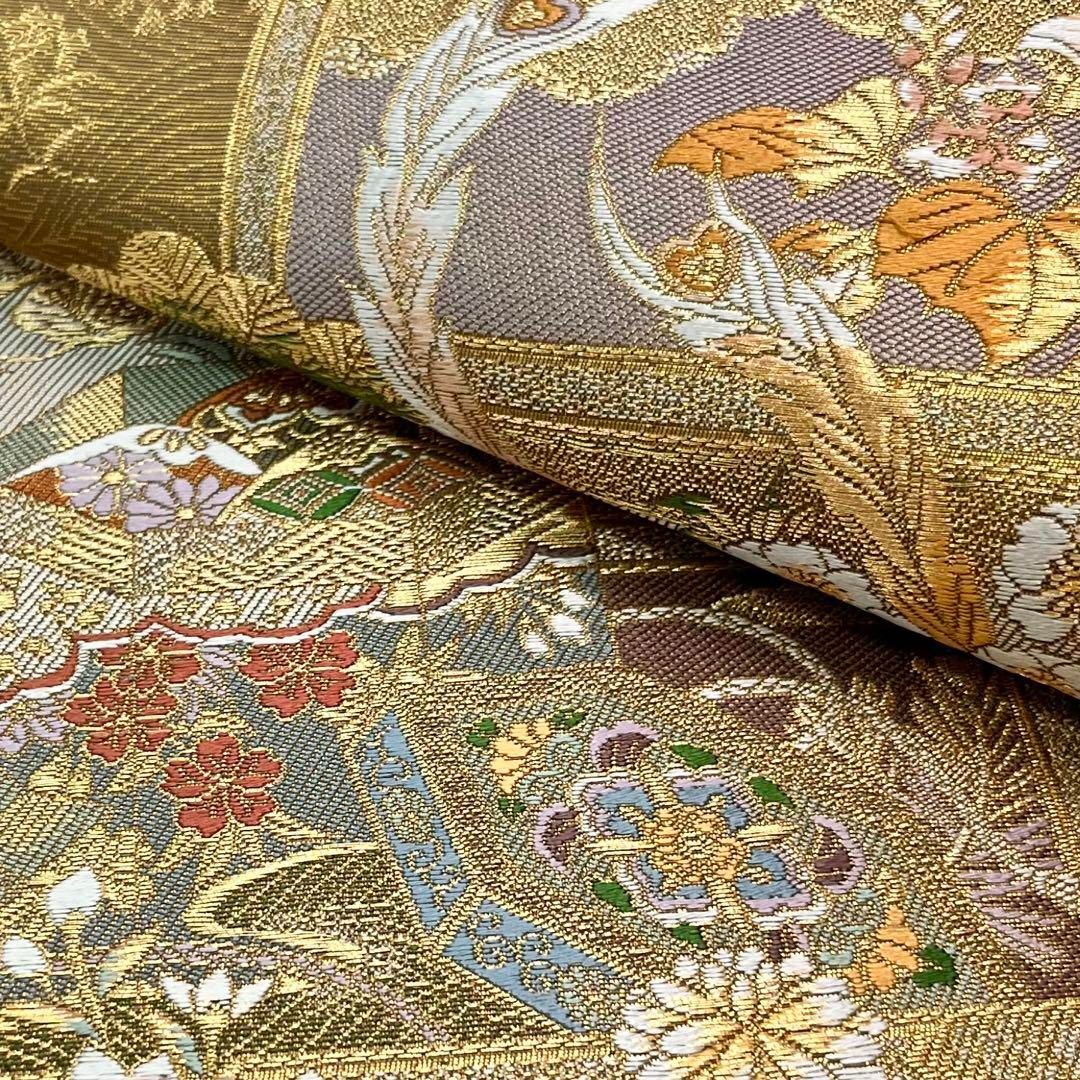 袋帯 秀煌錦織 美しい鳳凰 貝桶に花模様 金糸 金色 O-4138 袋帯 秀煌錦織 美しい鳳凰 貝桶に花模様 金糸 金色 O-4138