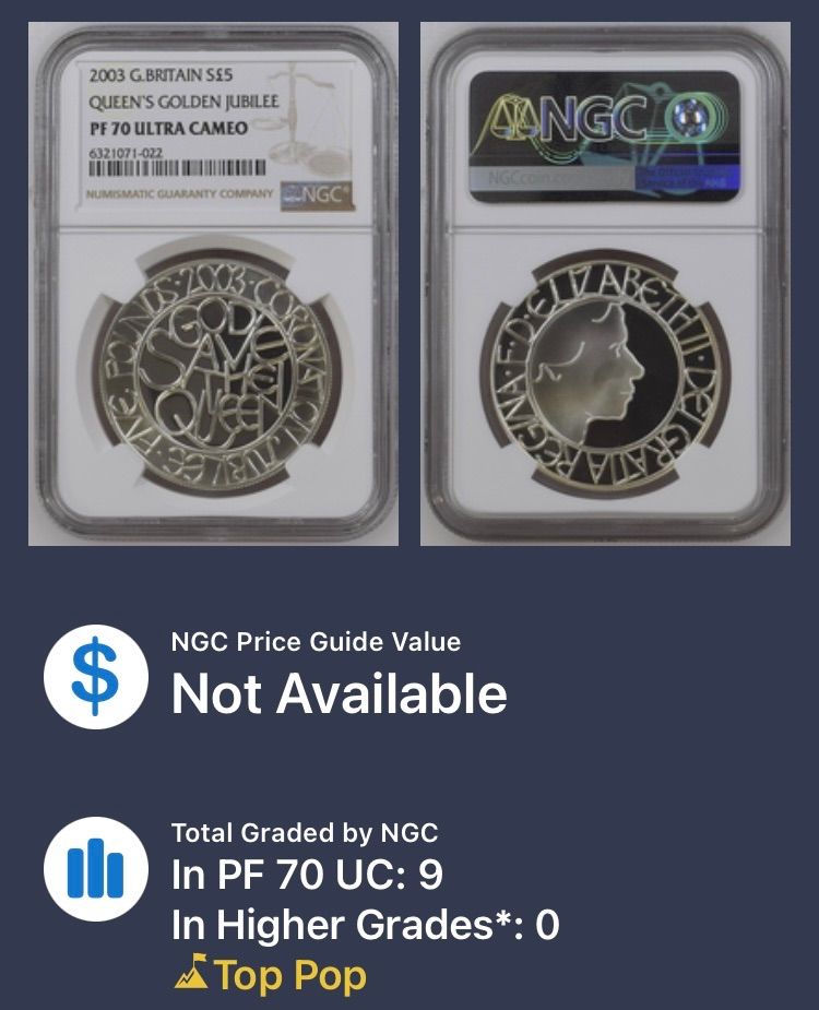 2003年 エリザベス ゴールデンジュビリー NGC PF70UC 5ポンド銀貨