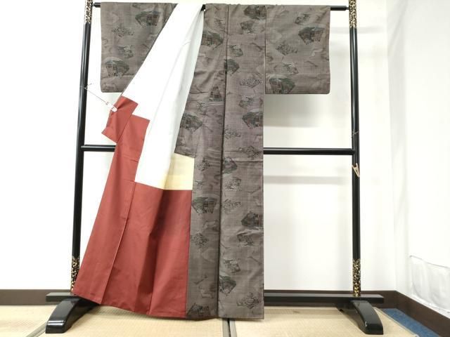 平和屋着物○本場大島紬 泥染め 7マルキ 花唐草文 正絹 逸品