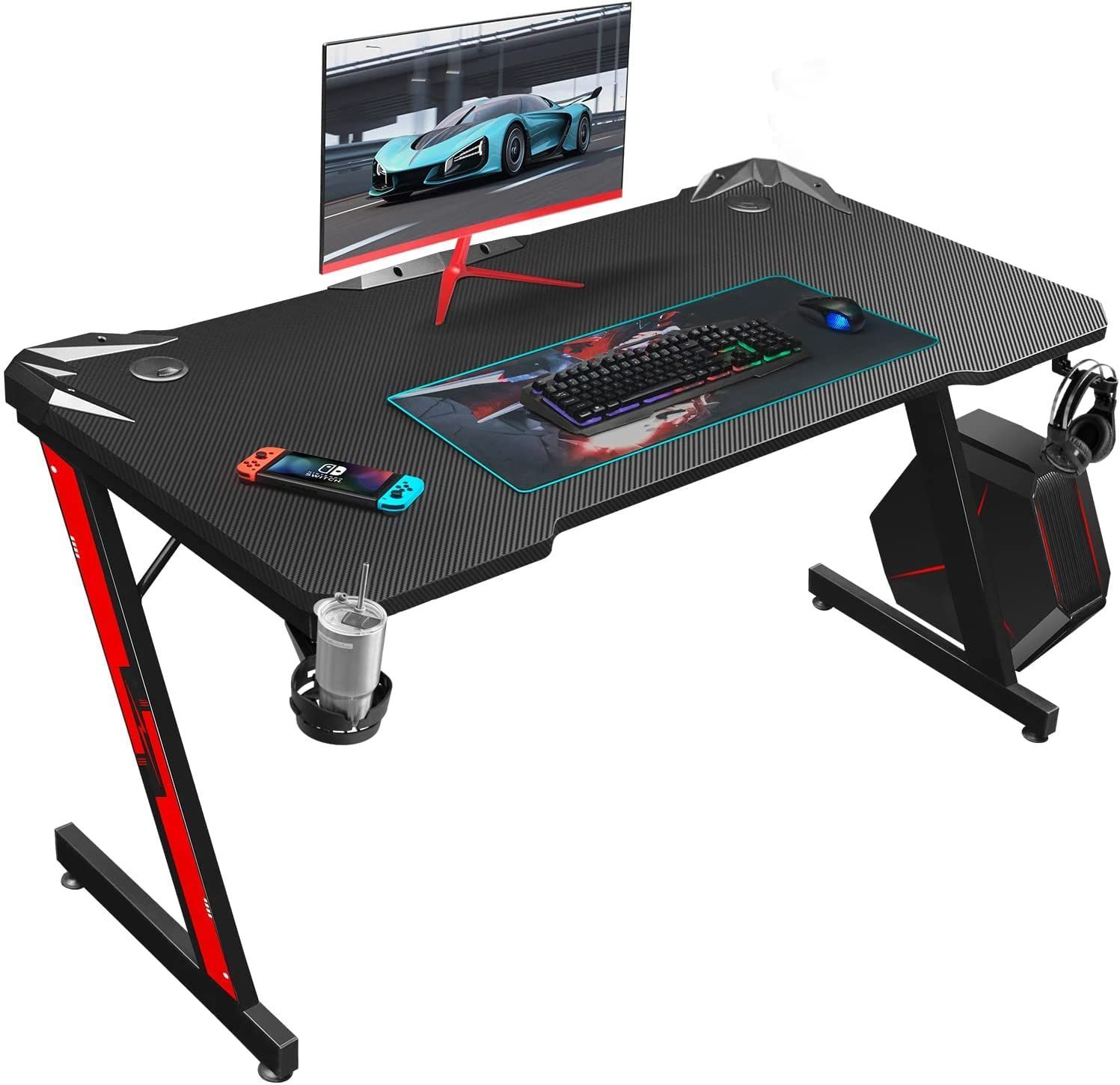 Victone ゲーミングデスク メーカー2年 幅112cm*奥行60cm*高さ74.4cm パソコンデスク Z字脚 PCデスク ゲームデスク オフィスデスク 作業机 炭素繊維天板 カップホルダーとヘッドフォンフック付き VT-ZBK ブラック