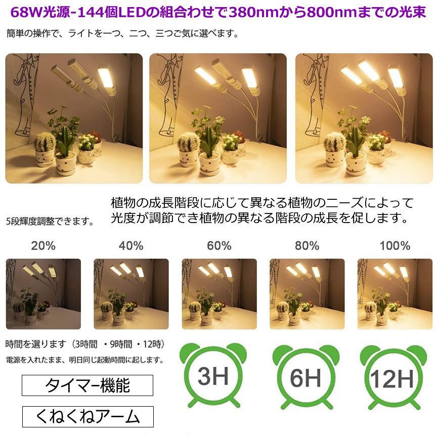 植物育成ライト LED植物育成灯 ledライト 育苗ライト 68W 132個LED E27電球仕様 多肉植物育成 室内栽培ライト 家庭菜園 室内園芸 水耕栽培ランプUSB クリップ式 低消耗電力省エネ 3灯 360°調節可能 室内栽培ランプ タイミング定時機能