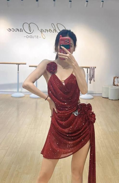 社交ダンス衣装 ラテンワンピースドレス ワインレッド 手袋付 オーダー