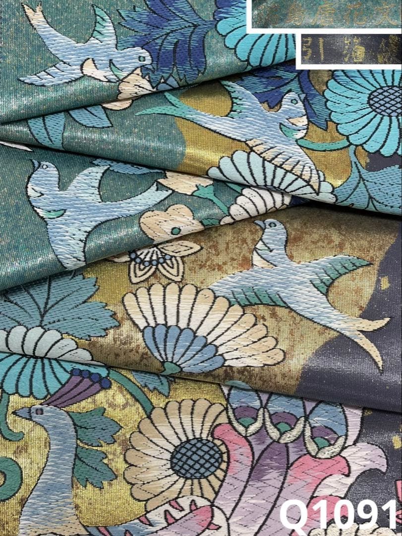 とみや織物 瑞島唐花文 引箔 袋帯 孔雀 鳥 正絹 六通 Q1091