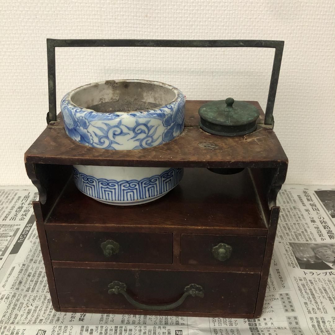 アンティーク 煙草盆 手提げ 小引き出し付き ＃744
