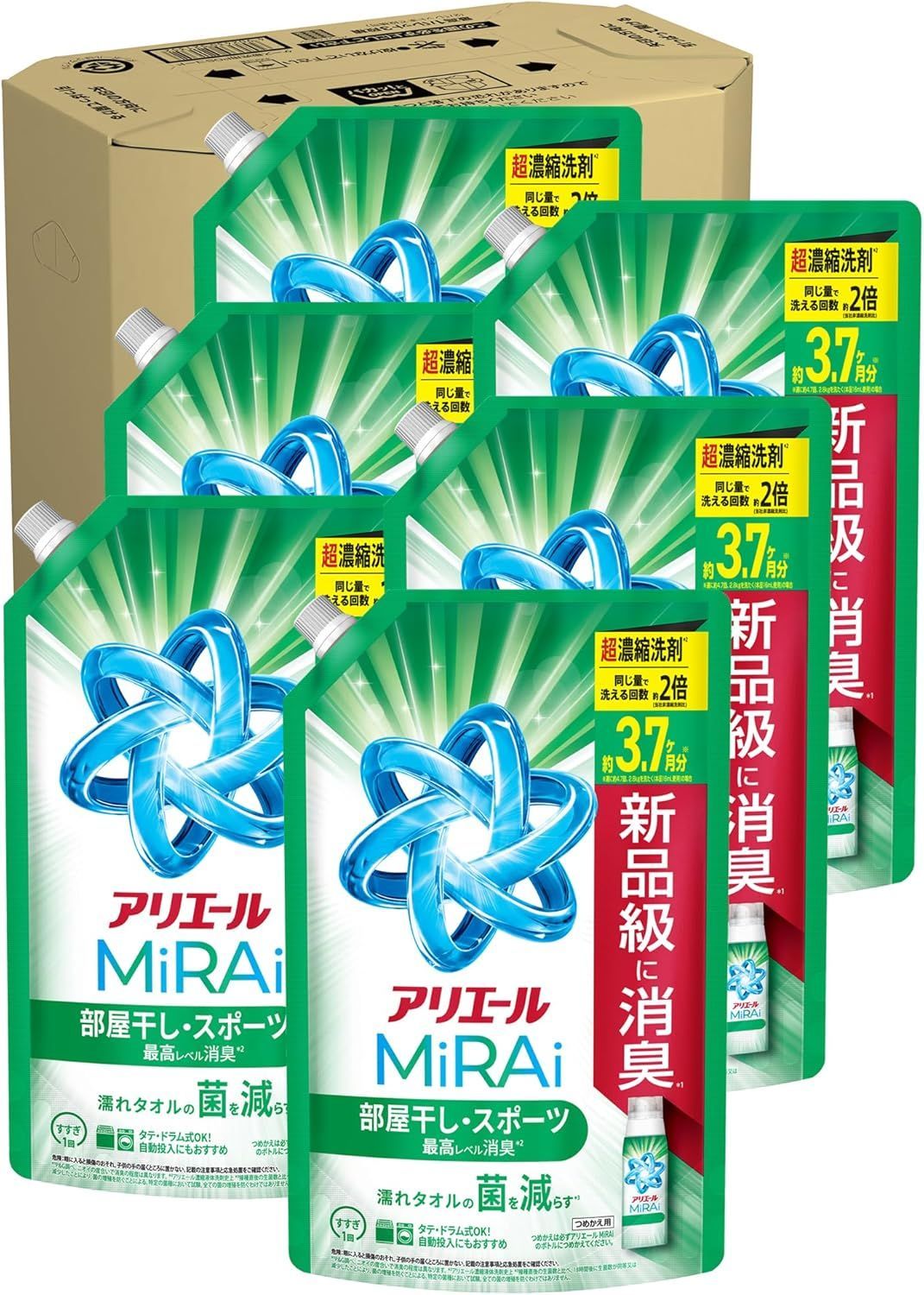 アリエール 洗濯洗剤 MiRAi 超濃縮コンパクト洗剤 部屋干し＆スポーツ 詰め替え 1170g×6袋 約3.7ヶ月分 濃縮 部屋干し 菌予防 未来 ミライ 濃縮 タテ型 ドラム式