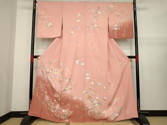 平和屋着物●訪問着 友禅 枝花文 暈し染め 金銀彩 正絹 AABA6696ck