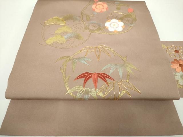 平和屋着物○塩瀬 九寸名古屋帯 駒刺繍 松竹梅 金銀彩 正絹 逸品