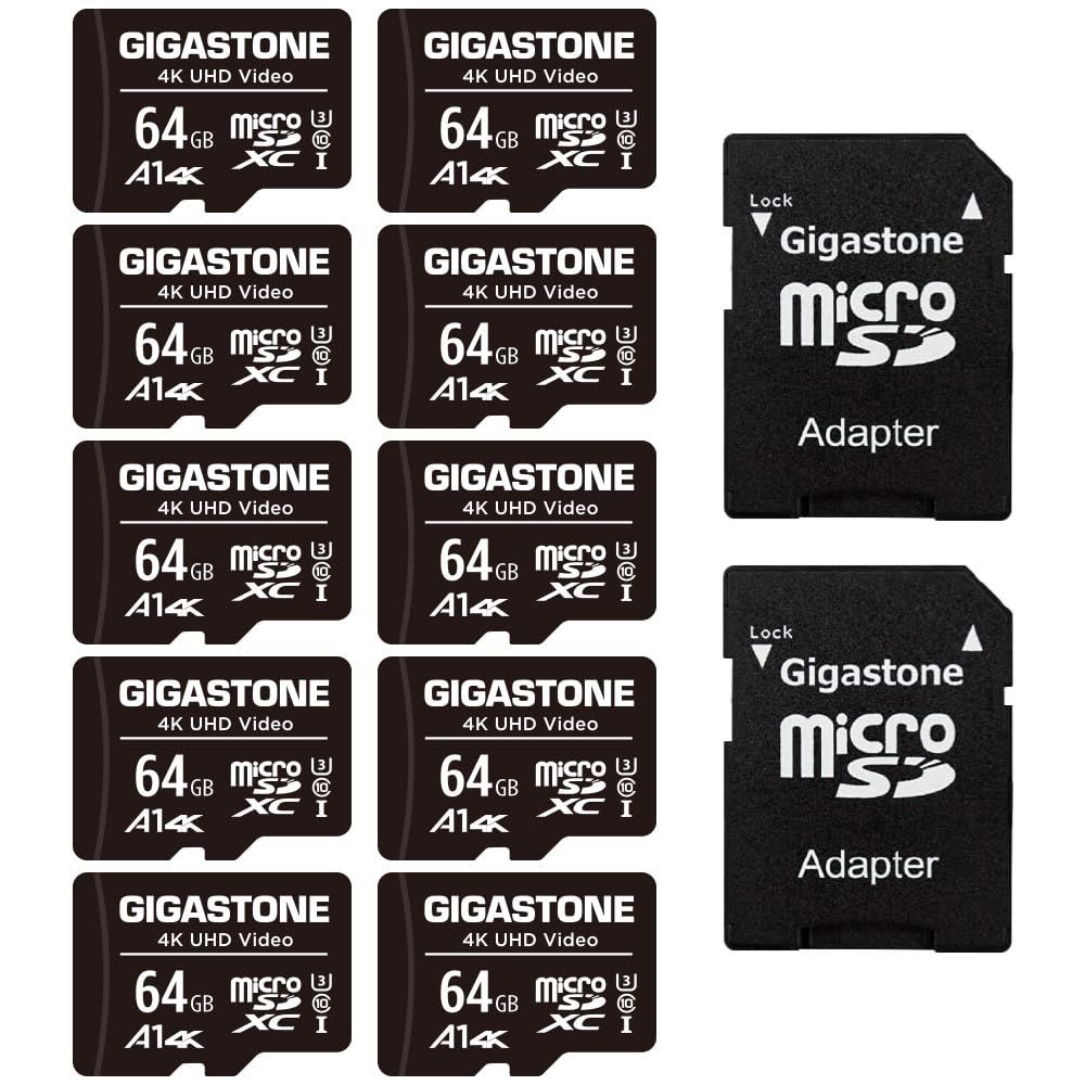 64GB 10個セット Gigastone マイクロsdカード 64GB 10個セット， SDアダプタ付き， 4K UHD ビデオ 撮影， 90MB/S， MicroSDXC UHS-I A1 U3 C10