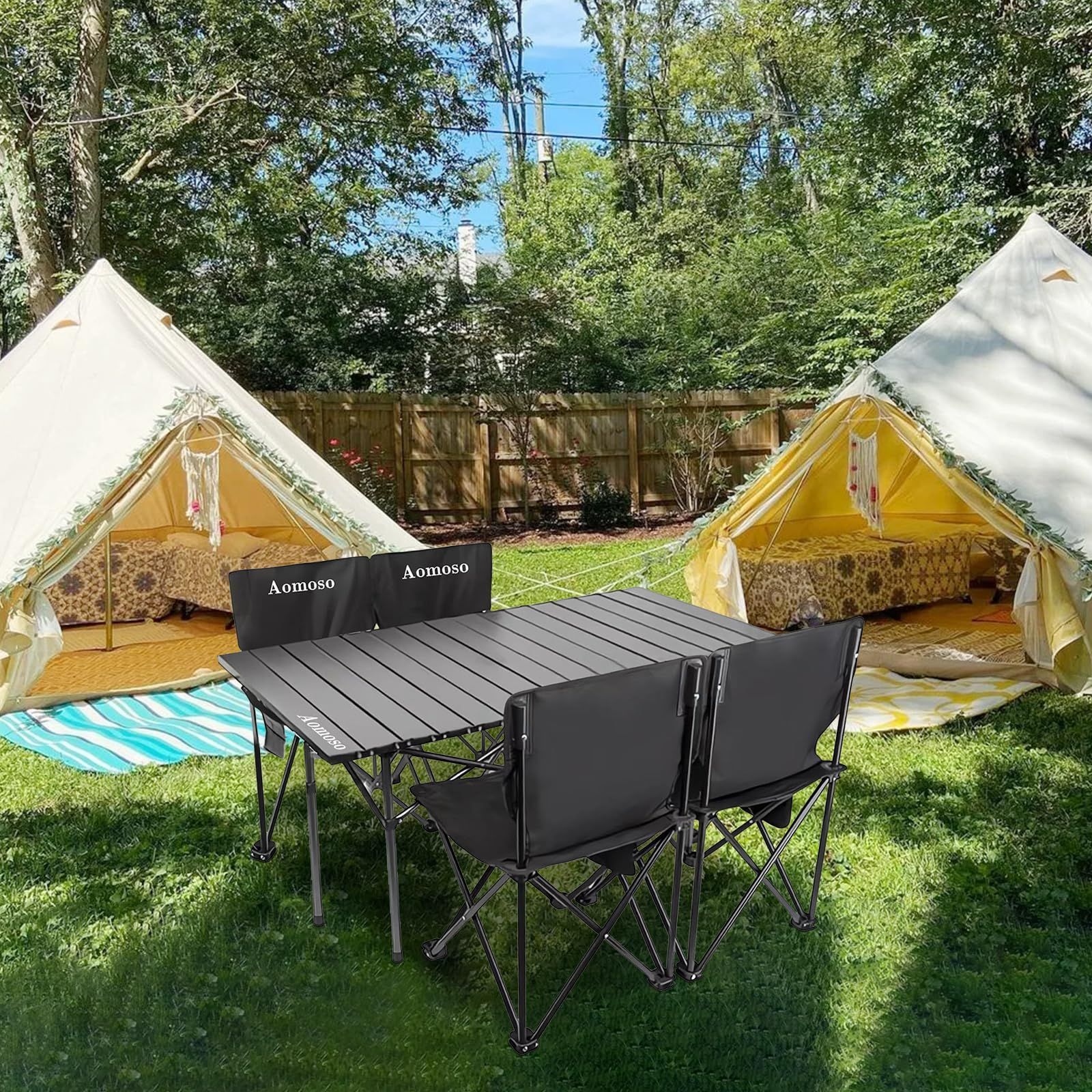 【即日発送】 屋外 ガーデン テント お釣り BBQ キャンプ用品 収納バッグ付き 組立簡単 折り畳み 超軽量 5 ピクニックテーブル ベンチセット ピクニック アルミテーブル椅子 7点セット ブラック チェア テーブル アウトドア Aomoso
