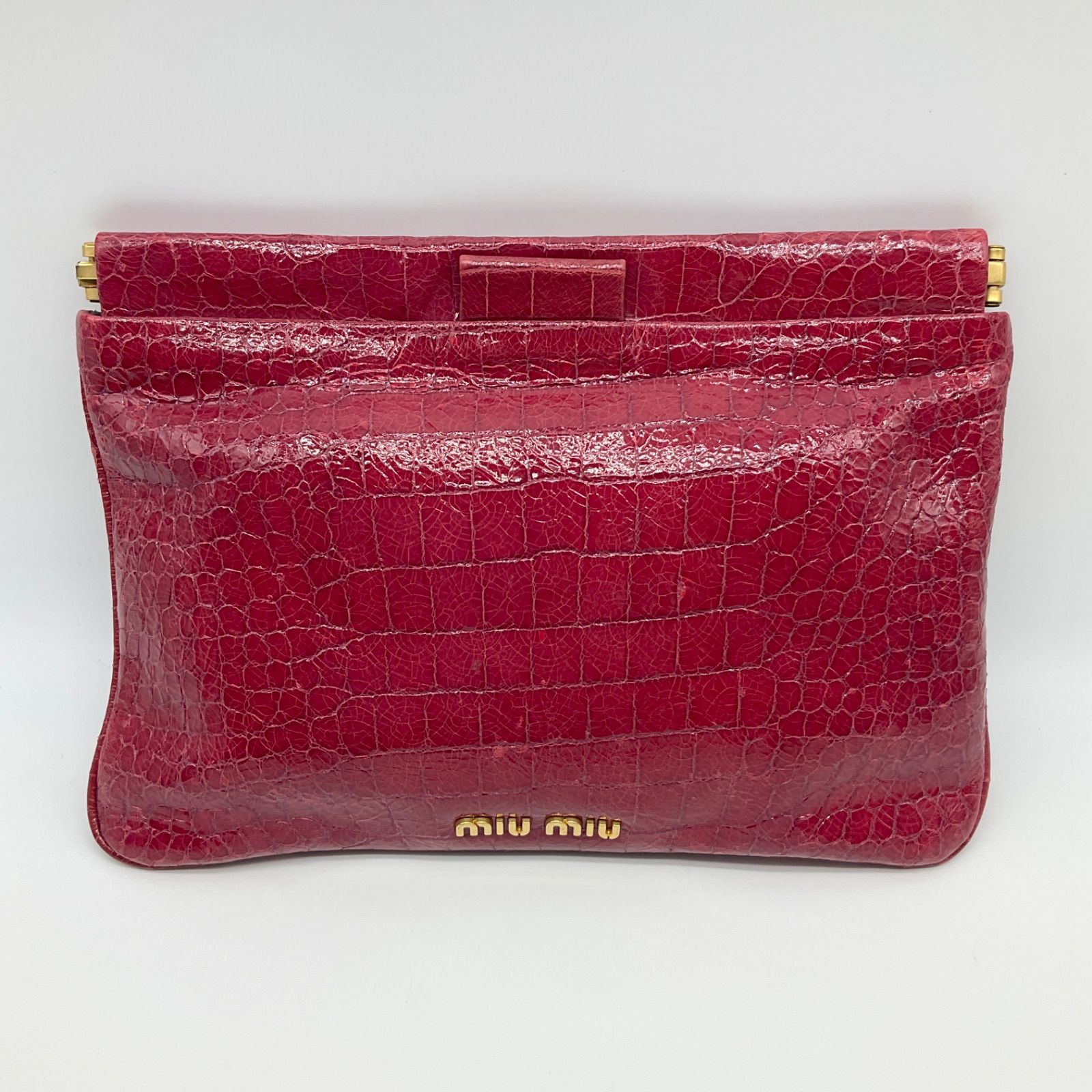 ●miu miu ミュウミュウ クラッチバッグ クロコ型押しレザー クロコダイル ピンク レッド ゴールド金具 Bランク 2_240