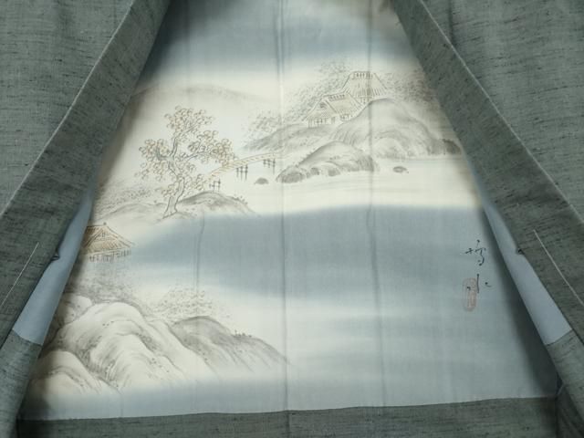 平和屋着物○男性 結城紬 アンサンブル 色無地 藍墨茶色 証紙付き 井上