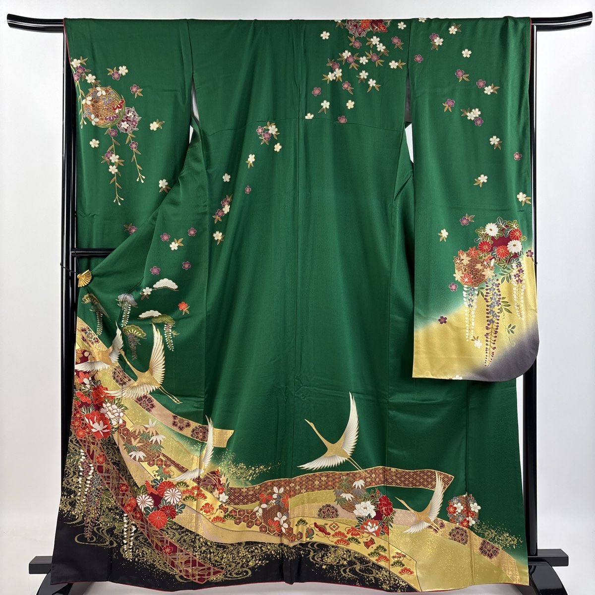 振袖 身丈165cm 裄丈66.5cm M 袷 鶴 熨斗 金糸 金彩 緑 正絹 秀
