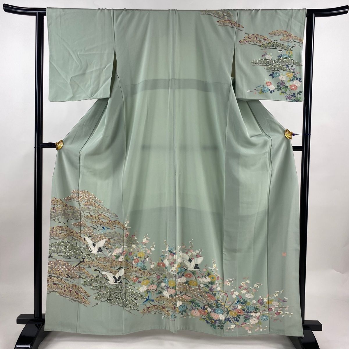 訪問着 身丈162cm 裄丈63.5cm S 袷 落款 笠松 鶴 薄緑 正絹 秀品