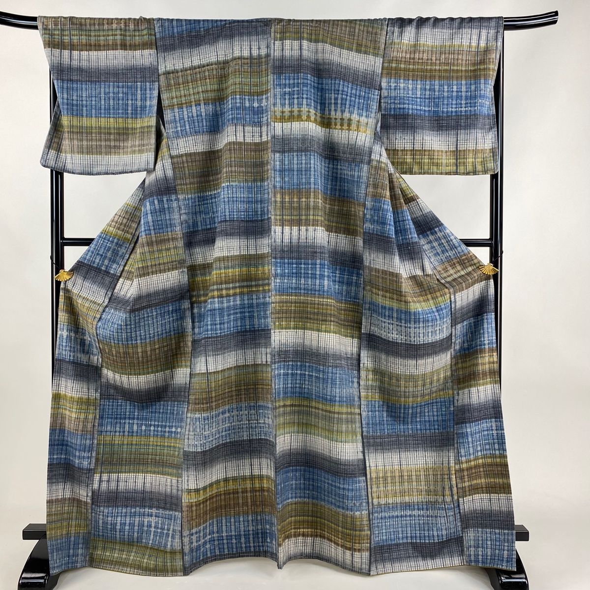 小紋 身丈166.5cm 裄丈70.5cm L 袷 紬地 段縞模様 格子 青灰色 正絹 秀品