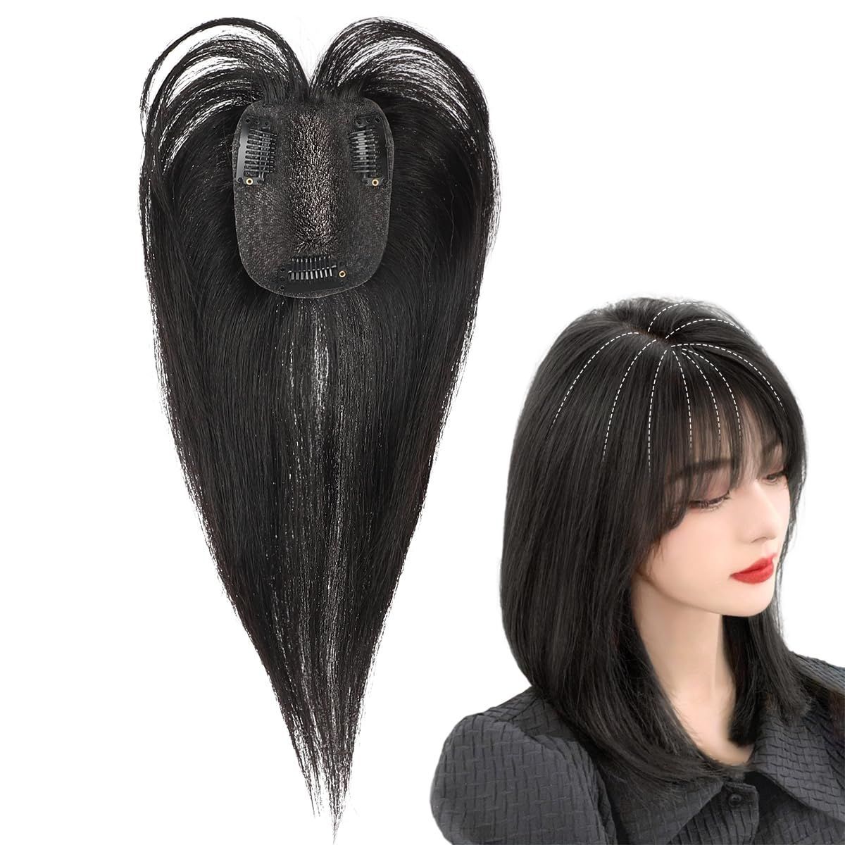 人毛 自然 つむじ トップヘアピース 前髪ウィッグ 前髪 部分ウィッグ ポイントウィッグ 頭頂部 3d構造つむじ 人毛 クリップ付き ヘアピース