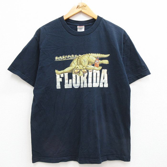 L/古着 半袖 ビンテージ Tシャツ メンズ 00s フロリダ ワニ コットン クルーネック 紺 ネイビー 23mar14 中古