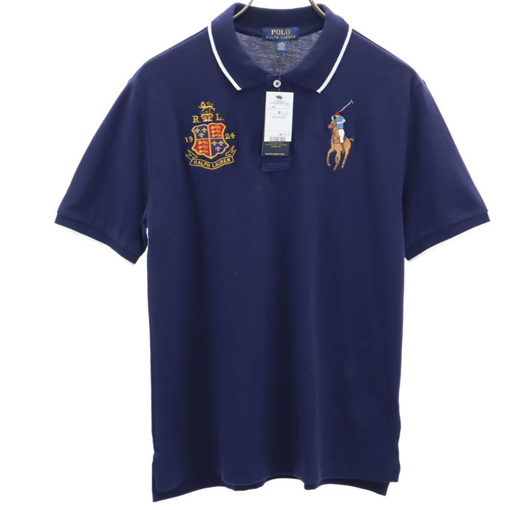 未使用 ポロラルフローレン 刺繍 半袖 ポロシャツ L(14-16) ネイビー POLO RALPH LAUREN 鹿の子 タグ付き キッズ 古着 【240429】