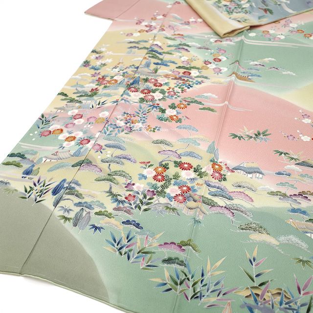 新古品】 訪問着 着物 正絹 袷 手描き友禅 手染め グリーン 芥子