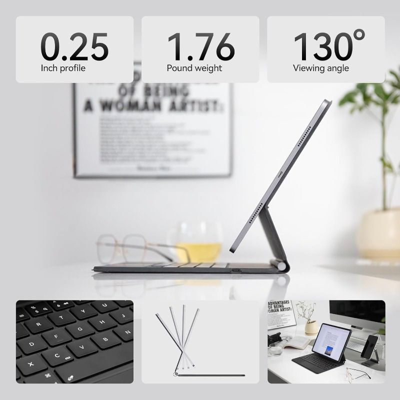 1pc 磁気浮動ワイヤレスバックライトキーボード マルチタッチトラックパッド付き 2025 iPad Air 13 M2 および iPad Pro 12.9 第6|5|4|3世代 用 - 充電式 ワイヤレス フェイクレザー保護ケース - ブラック
