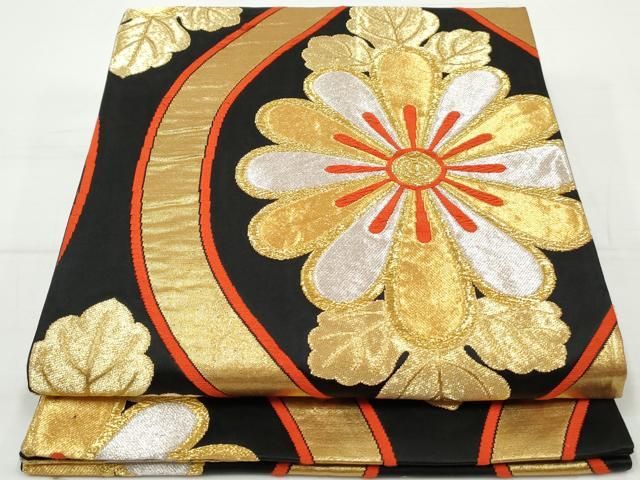 袋帯 正絹 黒地 唐織 花流し 上品な加工 六通 U-5258 楽天市場】【Prices down2】唐織袋帯 「黒地 柏」 錦工芸謹製 六