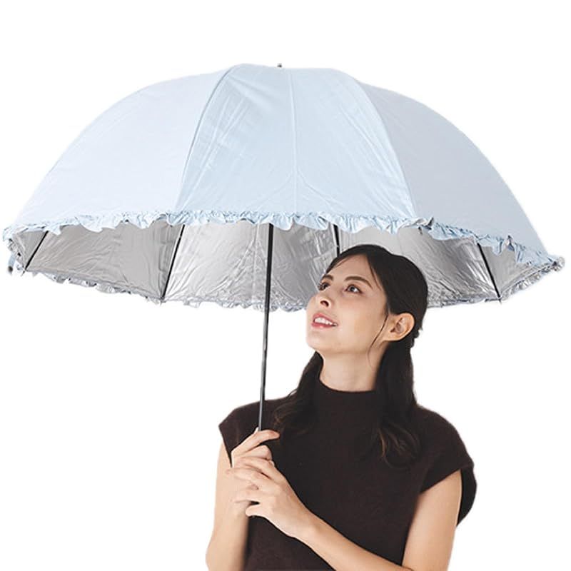 【新着商品】オカモト原宿店 晴雨兼用 日傘 フリル付 (遮光率99% / 生地裏シルバーコーティング) サックス ドーム型 60cm (UVカット/遮光/遮熱) 長傘 手開き傘 軽量