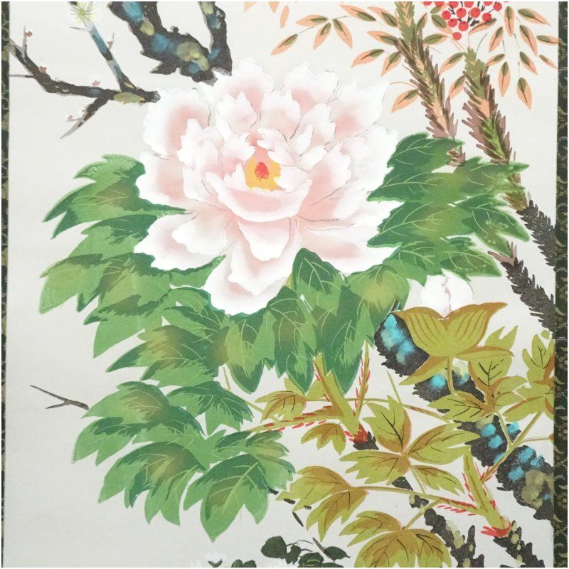 篠原渓月筆 四季花 肉筆絹本掛軸（共箱） 掛け軸 床の間 書 おしゃれ