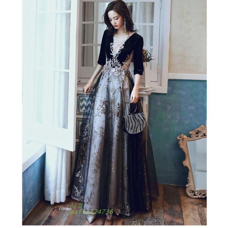 袖あり ロングドレス ウエディングドレス パーティードレス ステージ衣装 二次会 結婚式ドレス 上品 披露宴 発表会 Aラインワンピ 演奏会 謝恩会 成人式 pai5a124736