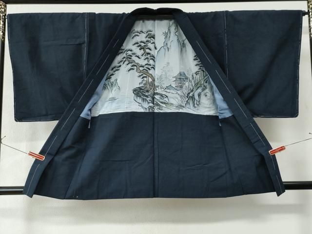 平和屋着物○男性 紬 アンサンブル 藍鉄色 羽裏：七福神 正絹 逸品