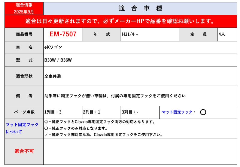 クラッツィオ B33W B36W eKワゴン_1台分 H31 4～ 用立体フロアマット ラバータイプ EM-7507 Clazzio