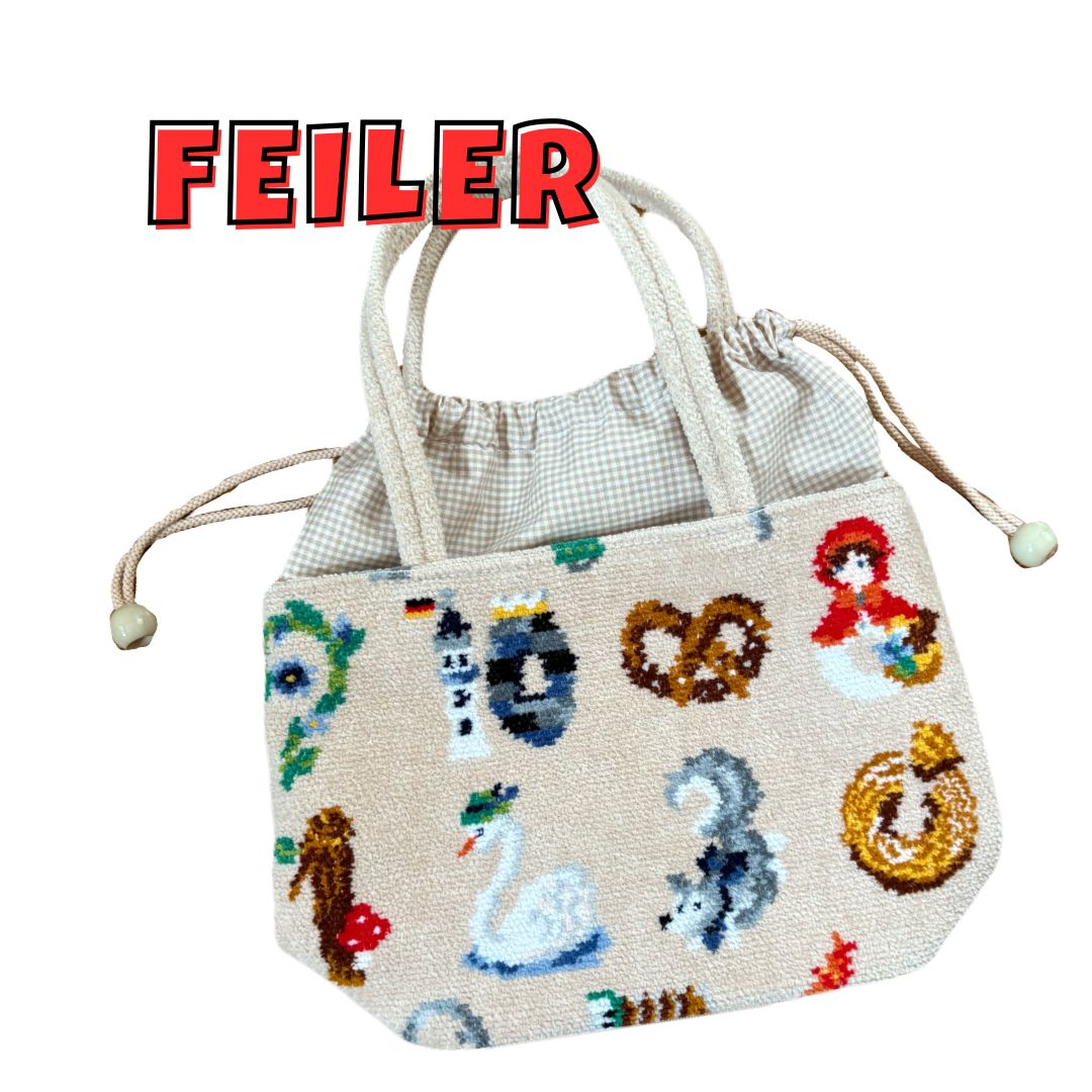 美品】FEILER ブラーヴォ！ 巾着バッグ ハンドバッグ 柄 ベージュ 