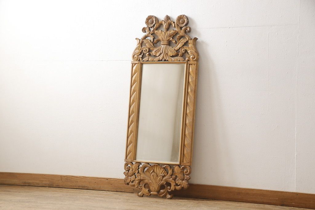 事前問合せ必須 壁掛け鏡 和製アンティーク 極上品 彫刻 素晴らしい ウォールミラー リペア+発送まで3週間前後 R-057485