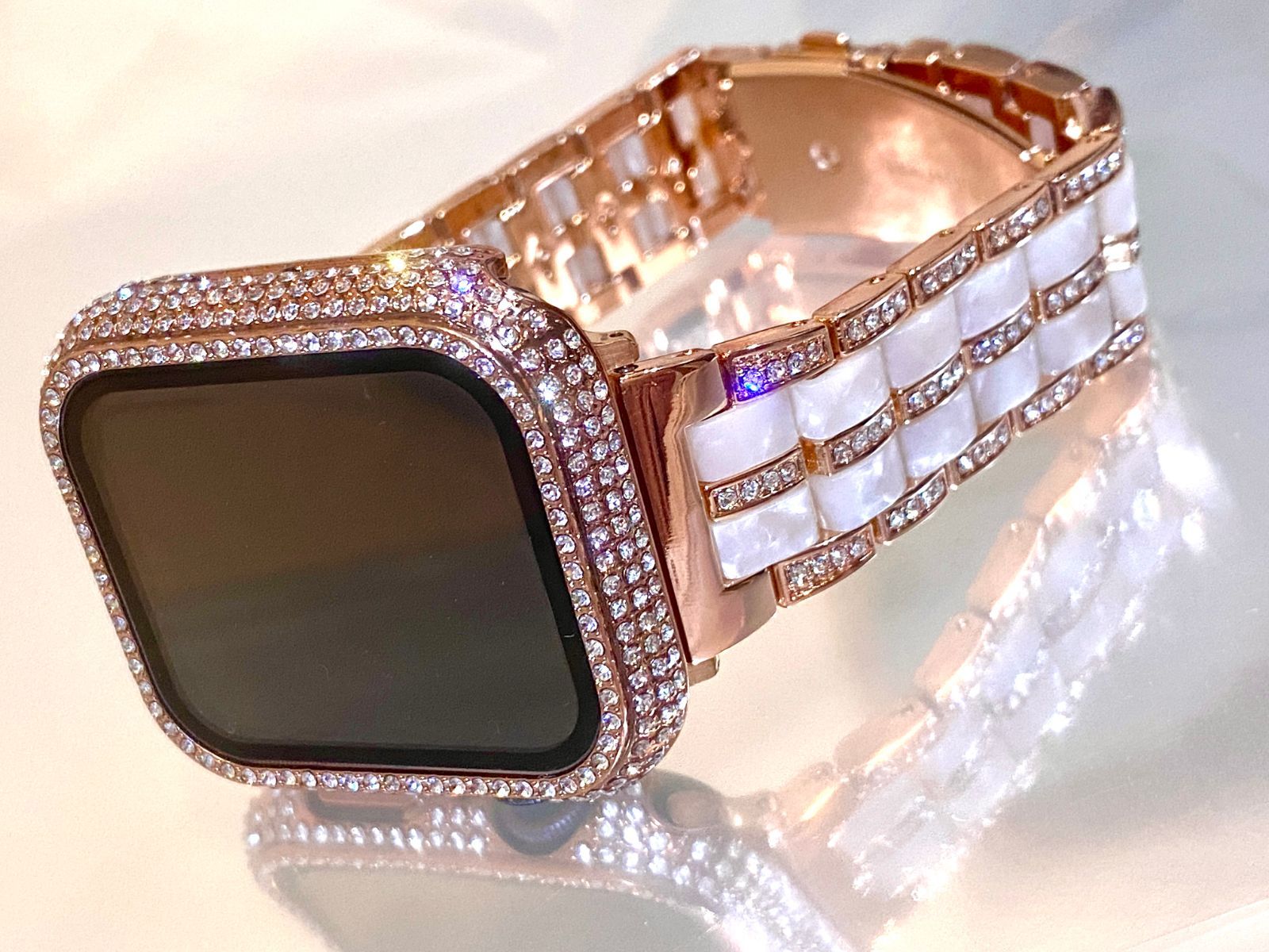 ★専用★Apple Watchキラキラピンクローズアップルウォッチカバーベルト シャンパンピンクローズ☆Apple Watch キラキラ カバー ケース