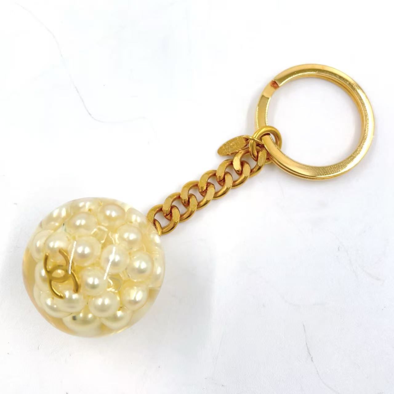 CHANEL パール ボール キーリング プラスチック×GP クリア×ゴールド×ホワイト チャーム ゴールド