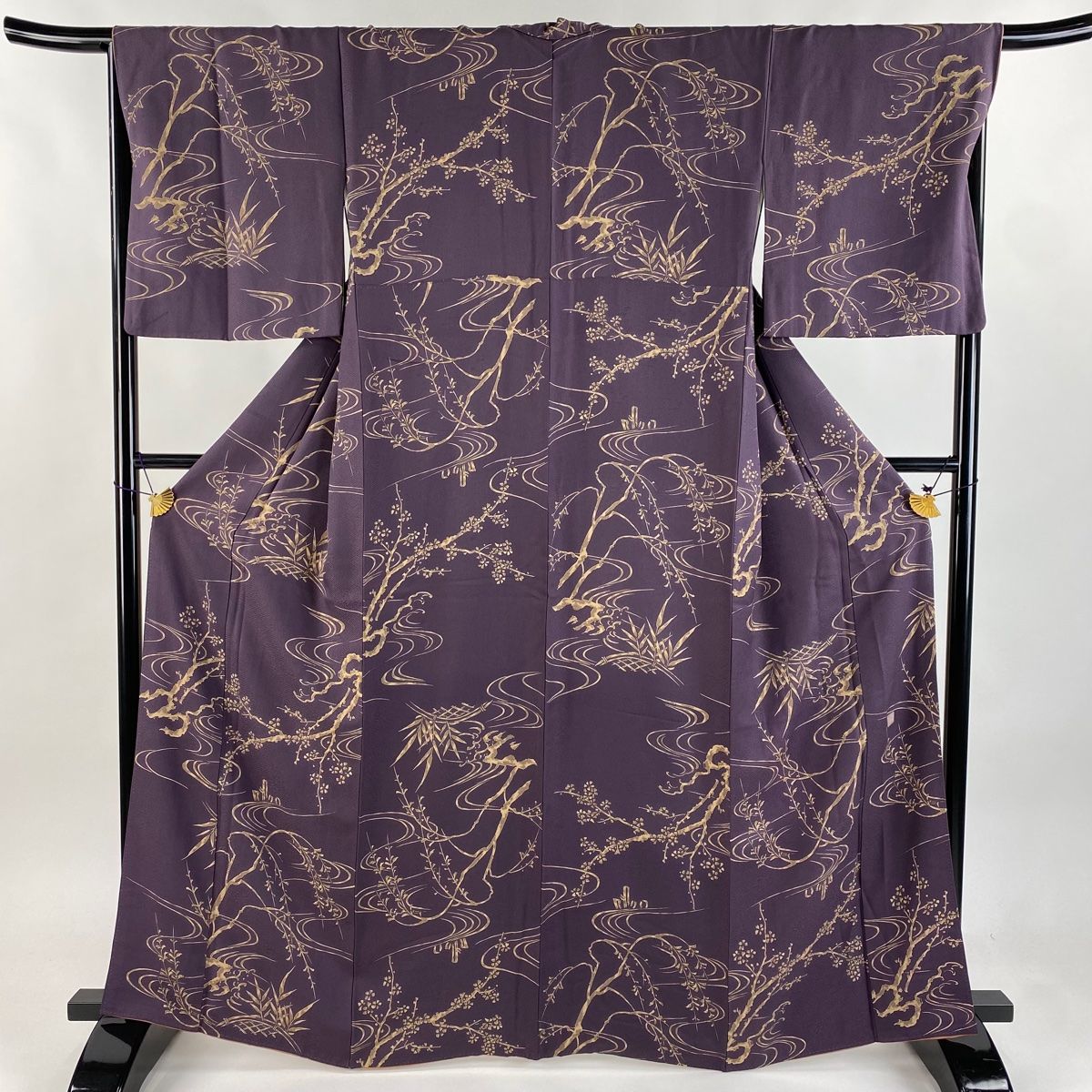 小紋 身丈164cm 裄丈68cm L 袷 落款 桜 流水 紫 正絹 名品