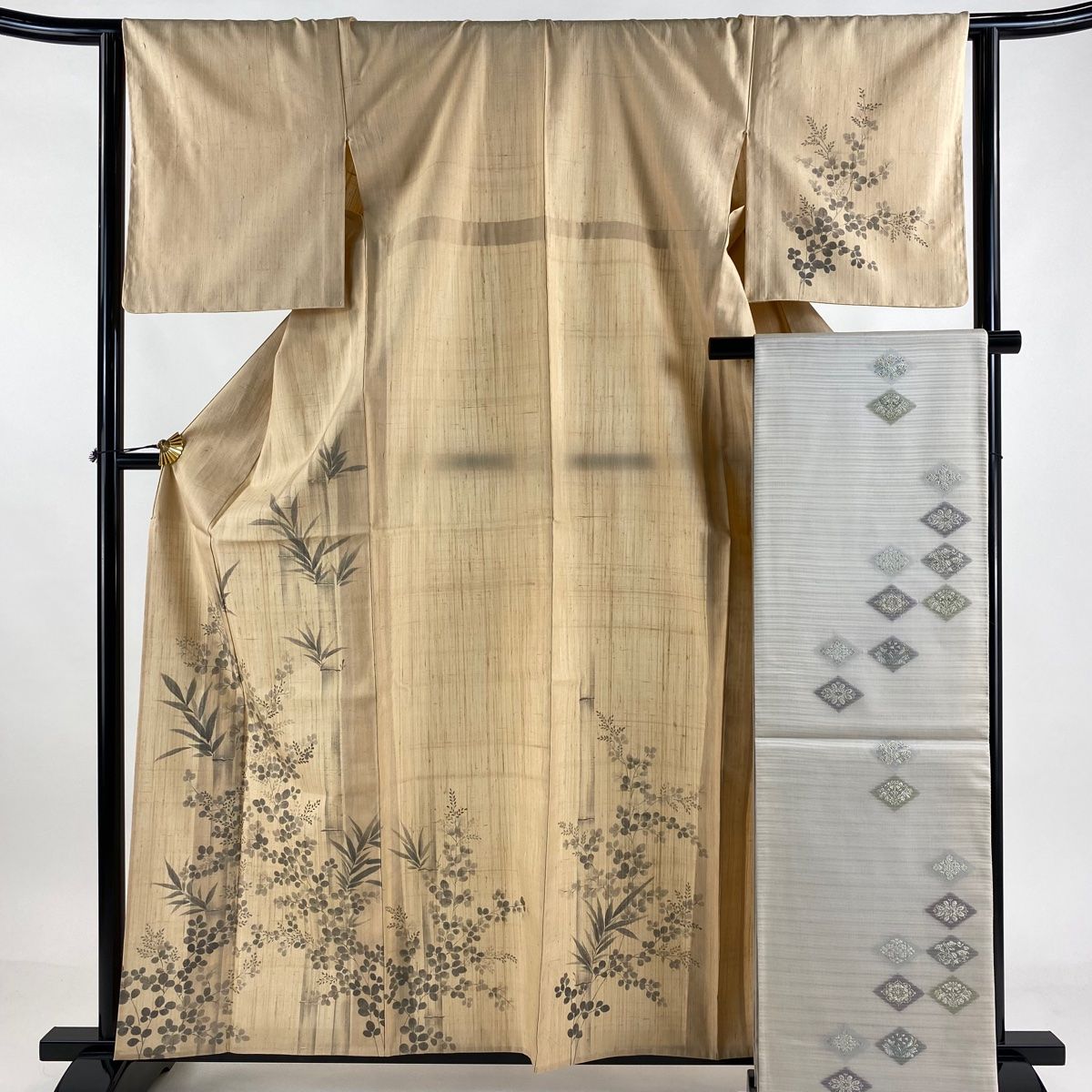 付下げ 身丈160.5cm 裄丈65cm M 単衣 袋帯セット 紬地 竹 萩 薄オレンジ 正絹 秀品