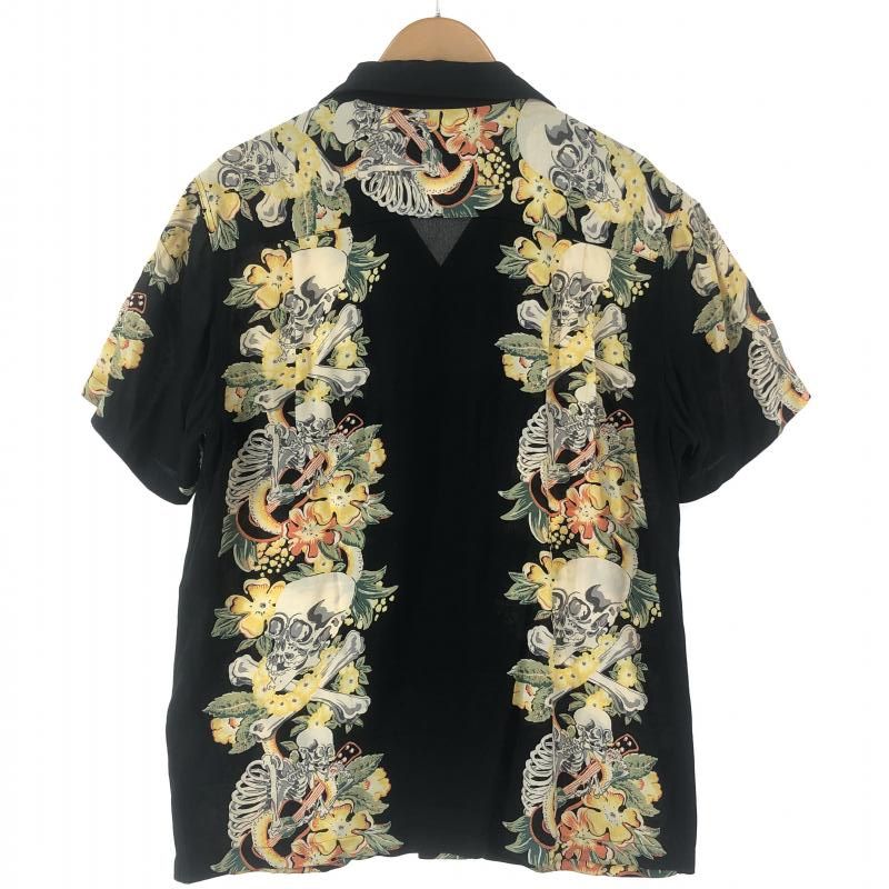中古】HOUSTON スカルギター柄 アロハシャツ L ブラック