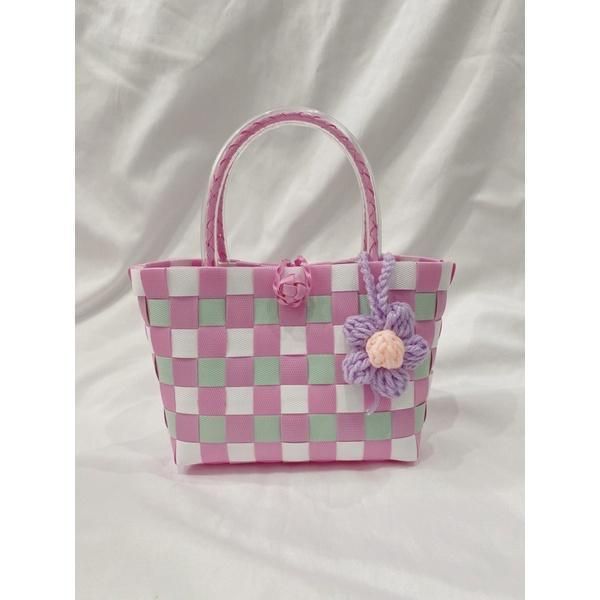 プラかご 買い物カゴV6 ハンドメイド PPバンド エコバッグ ブルー×ホワイト プラかご 買い物カゴV6 ハンドメイド PPバンドエコバッグ グリーン