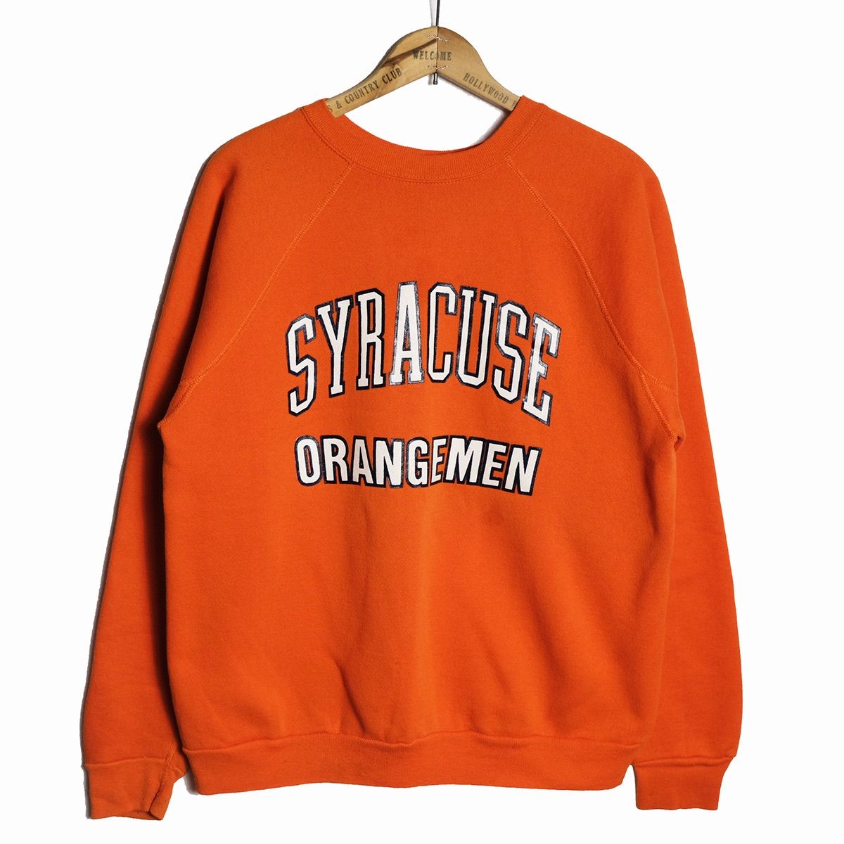 80's ディスカス 2段 カレッジプリント スウェットシャツ (XL) オレンジ ラグラン 80年代 アメリカ製 旧タグ オールド DISCUS　アメリカ古着 USED  ビンテージ ヴィンテージ