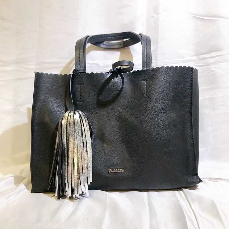 美品】 POLLINI leather silver black tote bag ポリーニ レザー